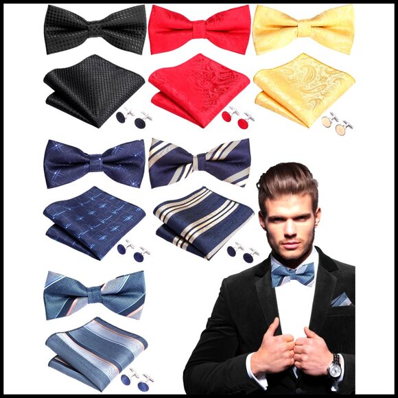 6 Pre-Tied Bow Tie Sets with Pocket Squares Cuff Links Formal Elegant Adjustable